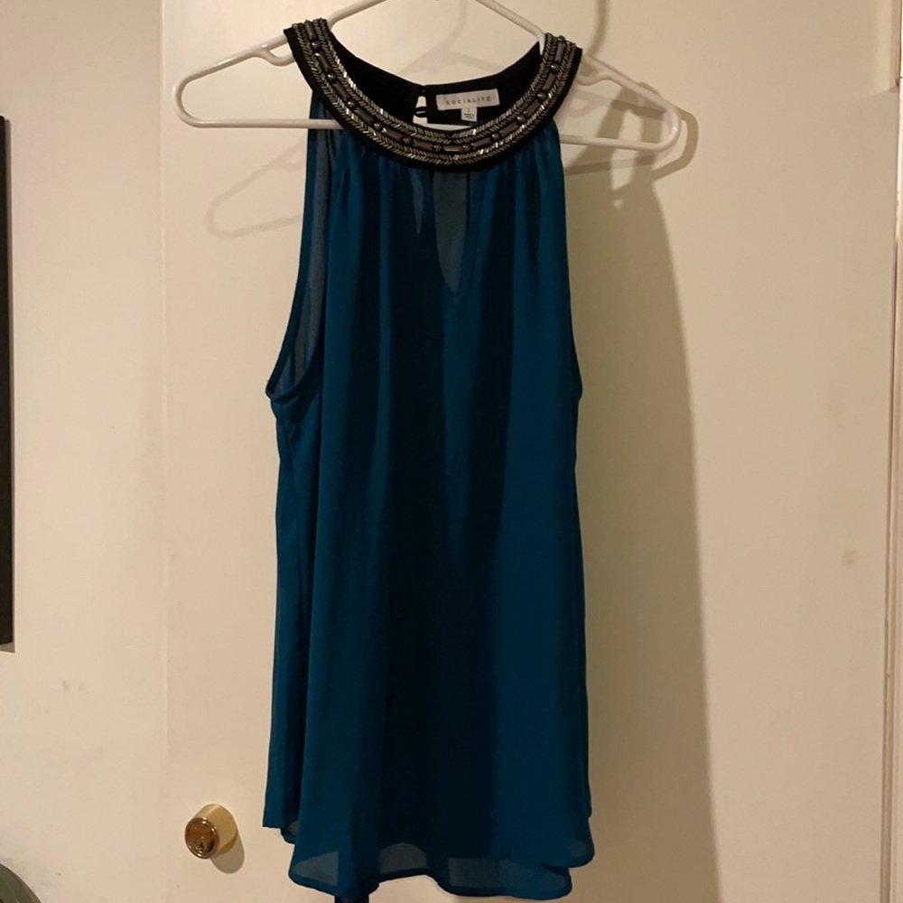 Teal beaded collar blouse